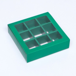 Коробка для 9 конфет с окном раздвижная Зеленая 13.5×13.5×3.5 см — изображение 2