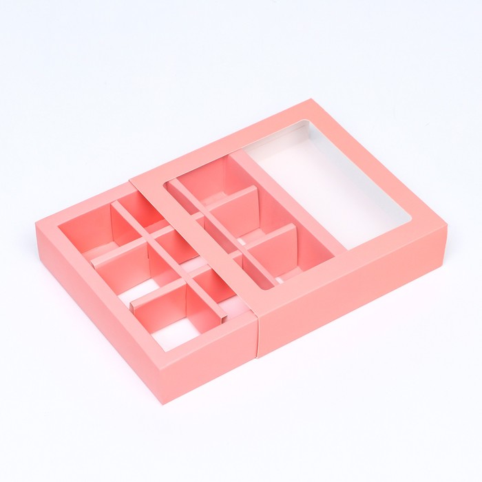 1-1112 Коробка для 9 конфет с окном раздвижная Розовый 13.5х13.5х3.5 см — изображение 1