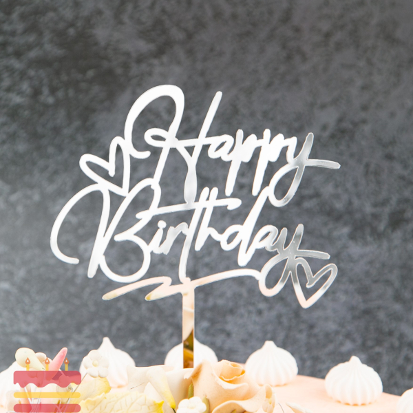Топпер акриловый Happy Birthday (с сердцем) серебро 2