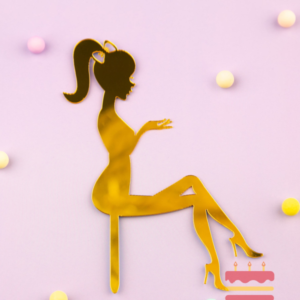 Топпер декоративный акриловый Женский силуэт с бантиком золото