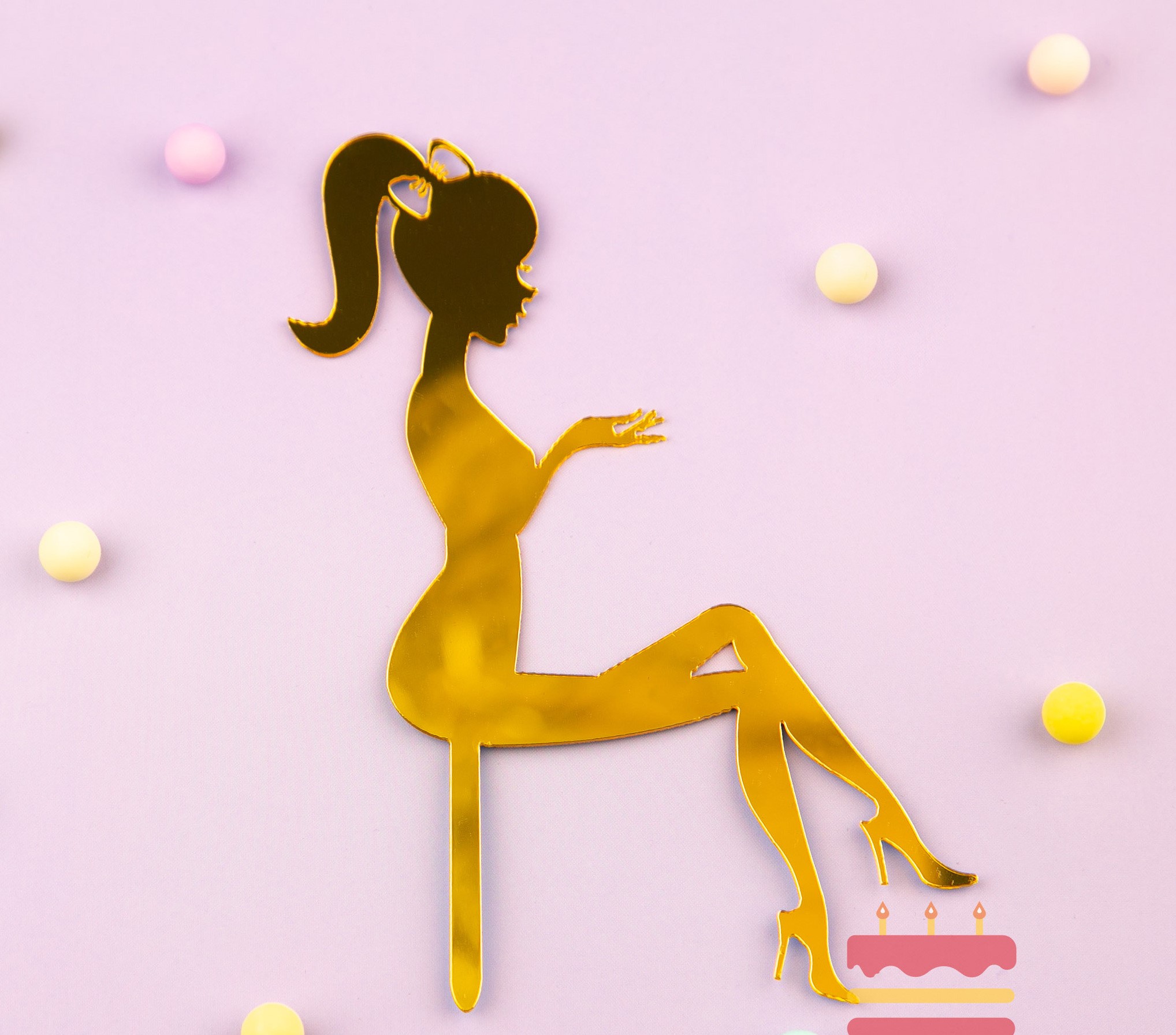 1-124 Топпер декоративный акриловый Женский силуэт с бантиком золото — изображение 1