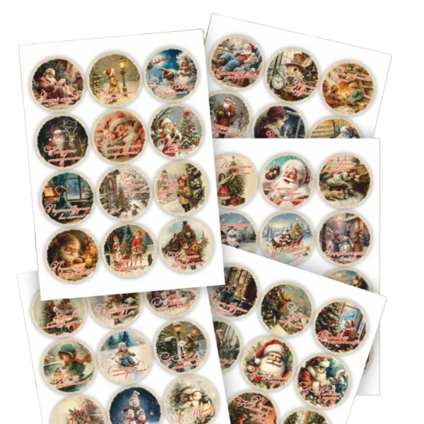 Наклейка Новый Год и Рождество Винтаж Круг 4,5 см 12 шт в Ассортименте