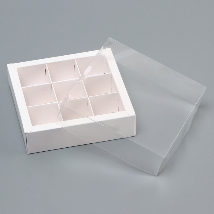 111-00 Коробка для 9 конфет с прозрачной/пластиковой крышкой Белый 13.7х13.7х3.5 см — изображение 1