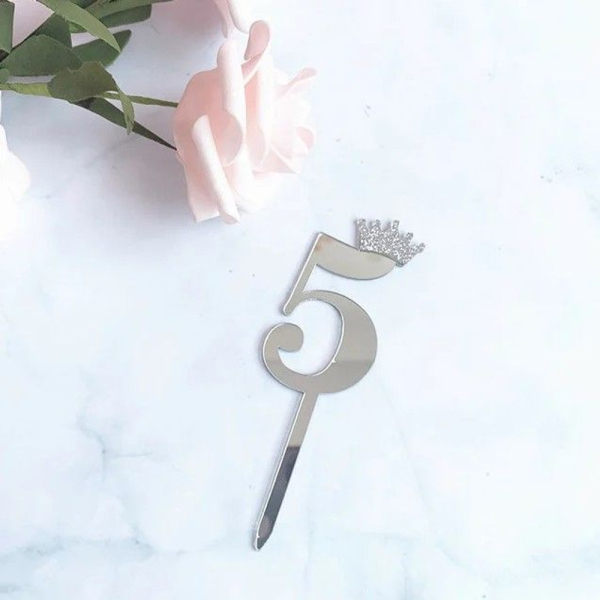 Топпер декоративный Малая Цифра "5" Серебро 6,2 см