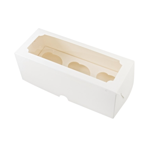 Коробка на 3 капкейка с окном Белая 25х10х10 см