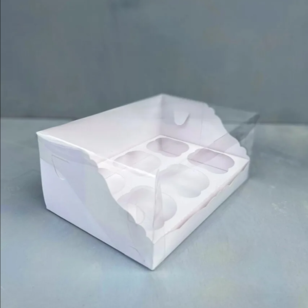 Коробка на 6 капкейков с прозрачной крышкой Белая 25х17х10 см