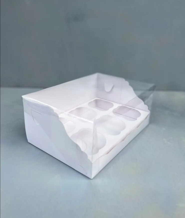 2025-09-11_14-46-46 Коробка на 6 капкейков с прозрачной крышкой Белая 25х17х10 см — изображение 1