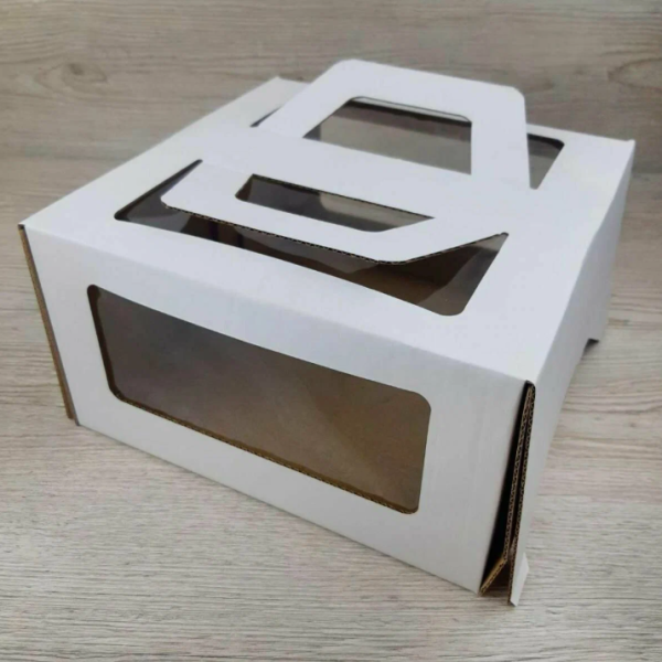 Коробка для торта с окном с ручками Белая 24х24х13 см