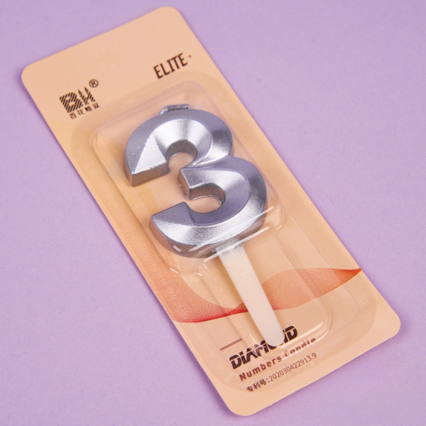 Свеча для торта, цифра "3" Серебро