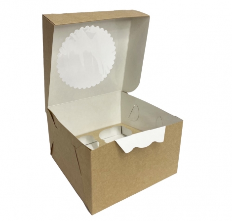 4-кап Коробка на 4 капкейка с окошком Крафт/Белая — изображение 1