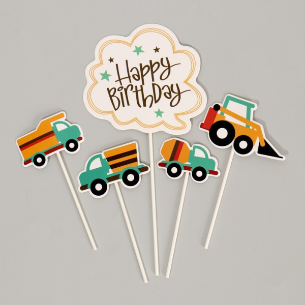 Набор топперов декоративных "С Днём Рождения" Машинки 5 шт