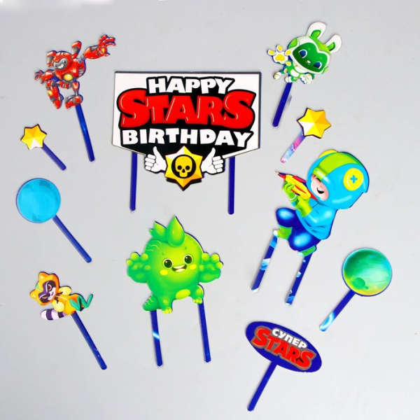 Топпер для торта на ножке набор "Happy Stars Birthday" 9 шт