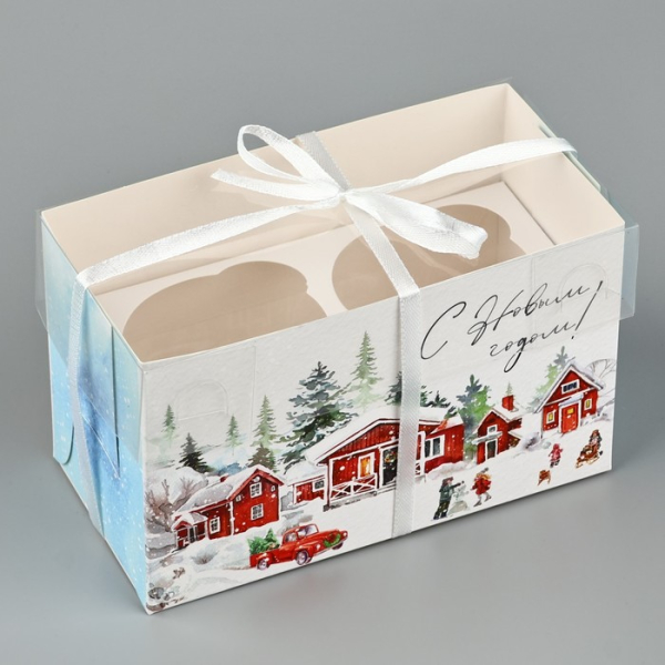 Коробка на 2 капкейка «С Новым годом» Зимний отдых 16×8×10 см