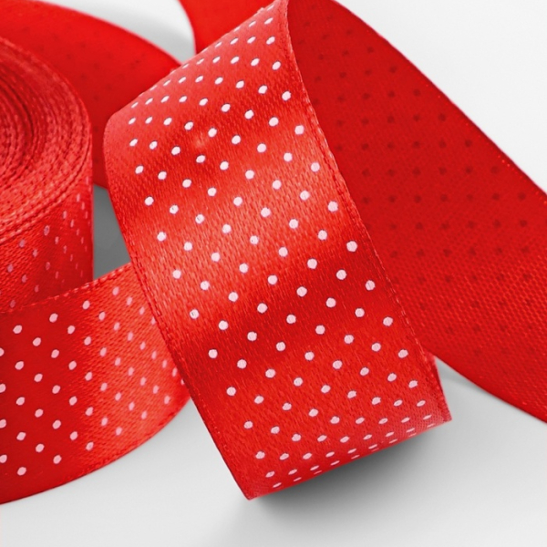 Лента атласная «Горошек» Красная в белый горох 25 мм 23±1 м