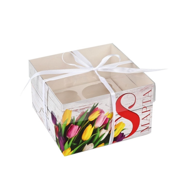 Коробка на 4 капкейка с прозрачной крышкой Тюльпаны «8 Марта» 16×16×10 см