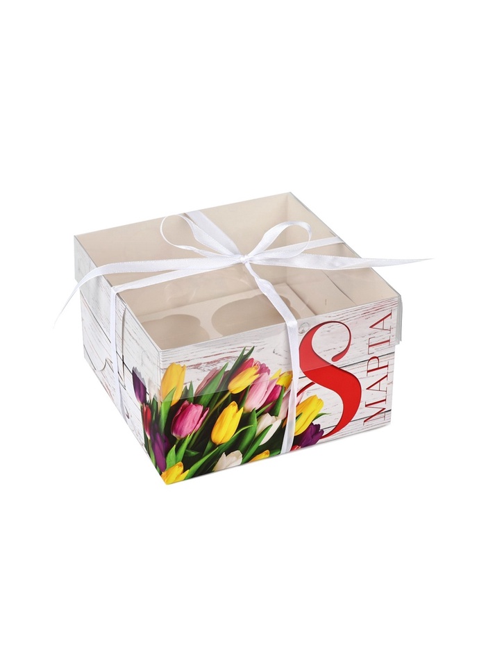 700-2026-01-17T191119.280 Коробка на 4 капкейка с прозрачной крышкой Тюльпаны «8 Марта» 16×16×10 см — изображение 1