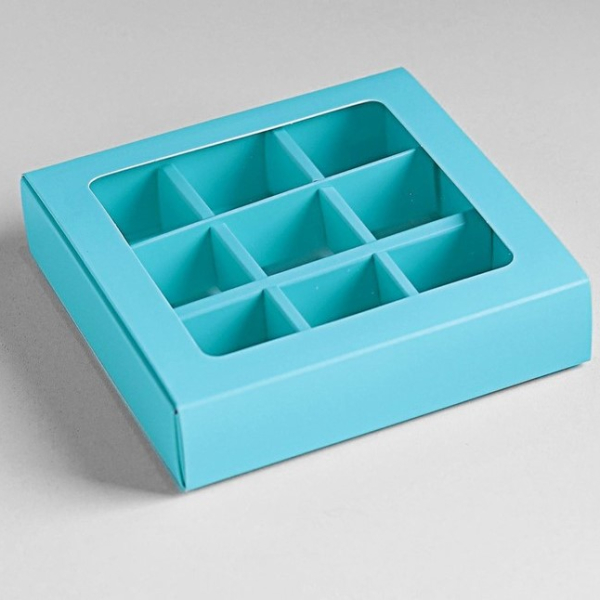 Коробка для 9 конфет раздвижная Бирюзовая 13.5×13.5×3.5 см