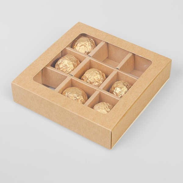 Коробка для 9 конфет раздвижная Крафт 13.5х13.5х3.2 см