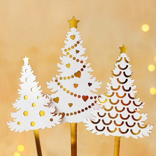 Топпер на ножке "Ёлочка" Маленькая Белая-золото 7,5 см