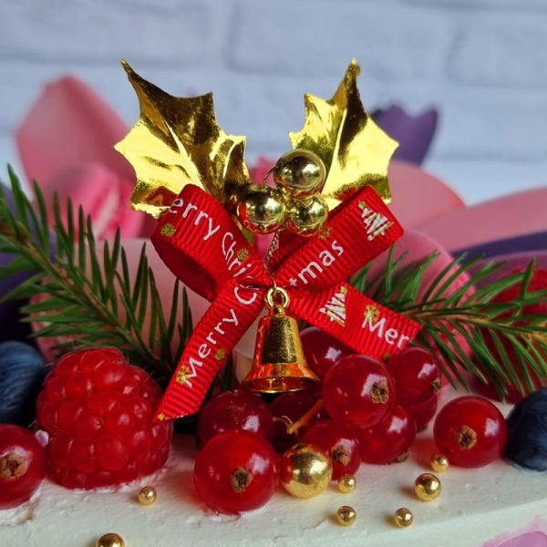 Топпер декоративный колокольчик Золотые листики с красным бантиком