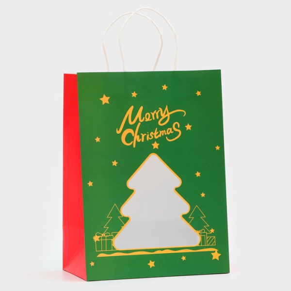Пакет подарочный Новогодний Крафт, с окном Ёлка 30×22×14 см