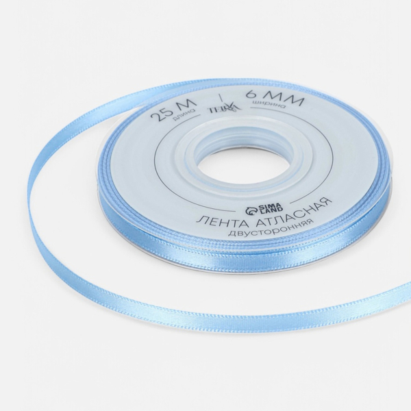 Лента атласная TEIRA, двухсторонняя, 6 мм, 25±1 м, светло-голубая
