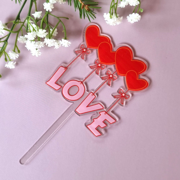 Топпер на ножке "LOVE" Прозрачный с красными сердцами