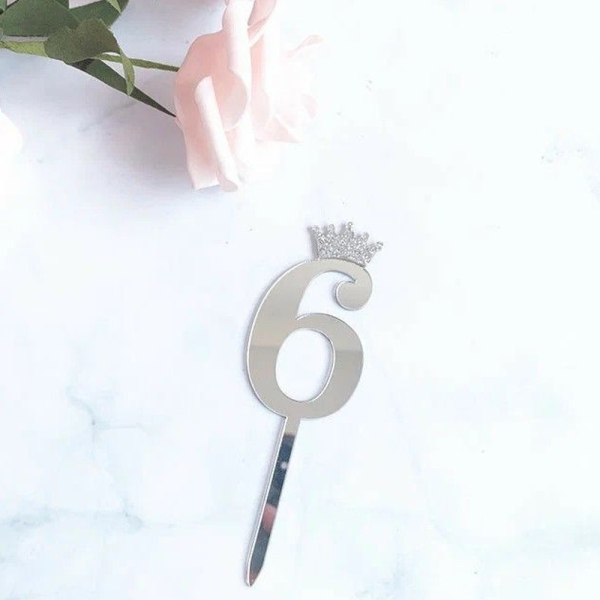 Топпер декоративный Цифра "6" Серебро 10,5 см
