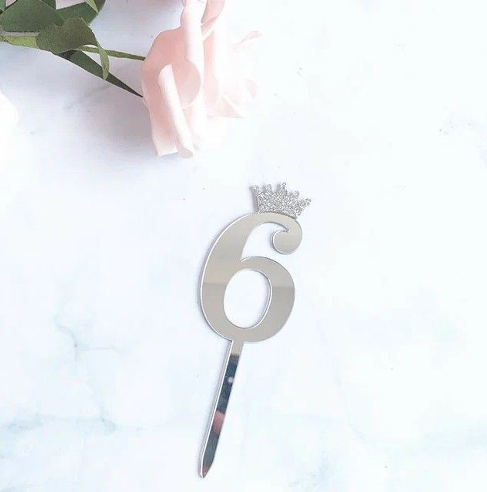 1mc7bbgygww0s0008ocgk84cw8go04 Топпер декоративный Цифра "6" Серебро 10,5 см — изображение 1