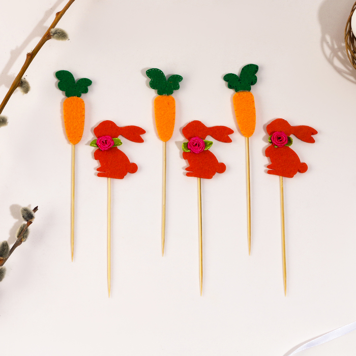 700 Топпер на пасху «Заяц», с бантиком и морковкой, набор 6 шт. — изображение 1