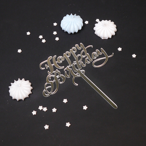 large_HB_каллиграфия_серебро Топпер на ножке "Happy Birthday" каллиграфия Серебро 8*14 см — изображение 1