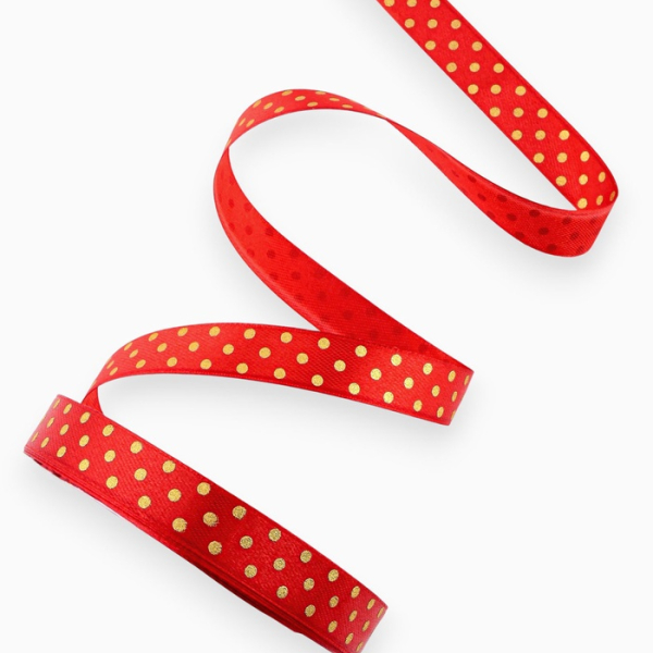 Лента атласная с золотым тиснением «Горох» 15 мм 23±1 м Красная