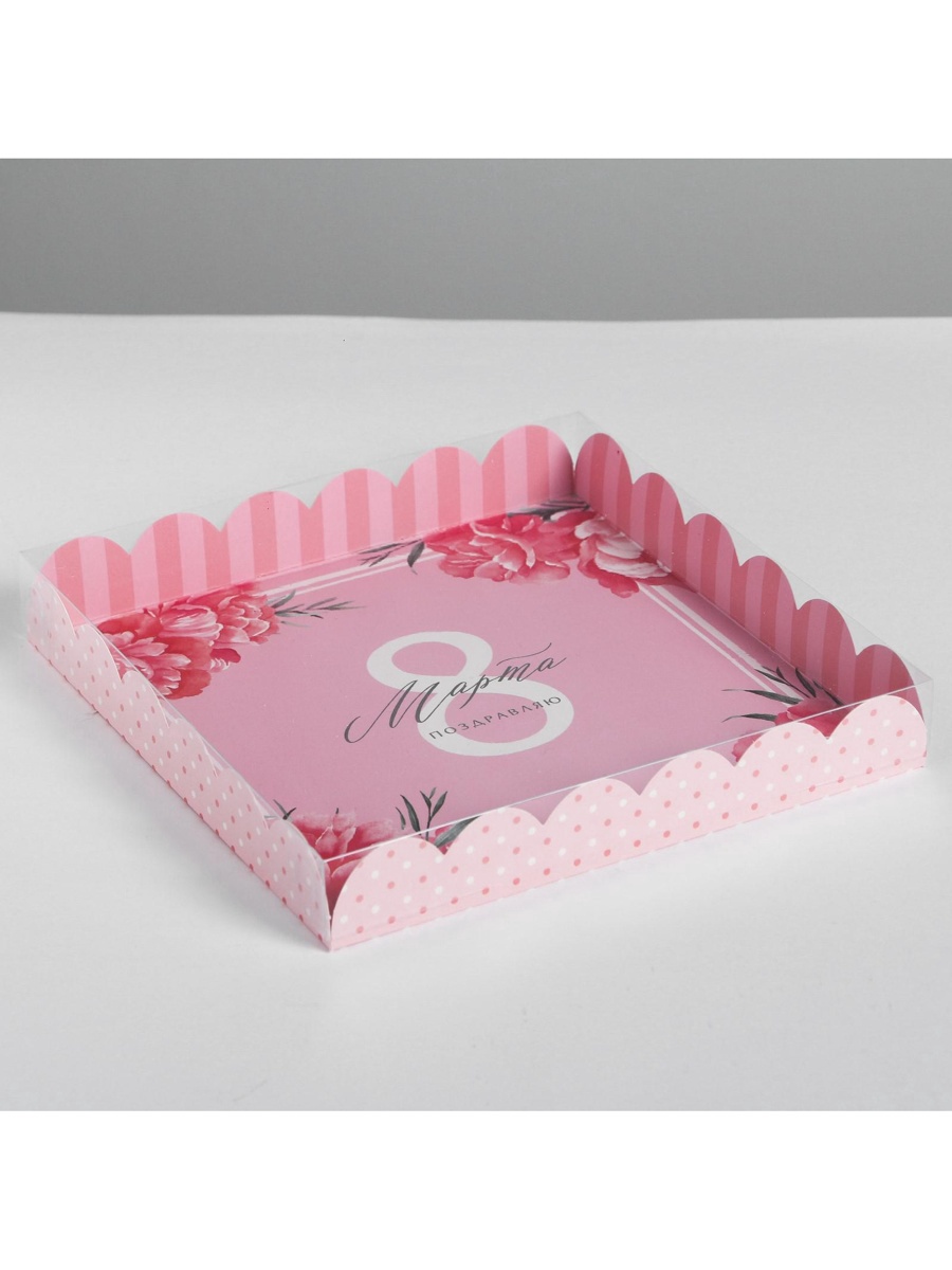 1600-57 Коробка для сладостей с окошком "8 марта" 21х21х3 см — изображение 1