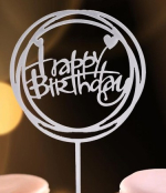Топпер для торта на ножке "Happy Birthday" Сердечки Круг Серебро