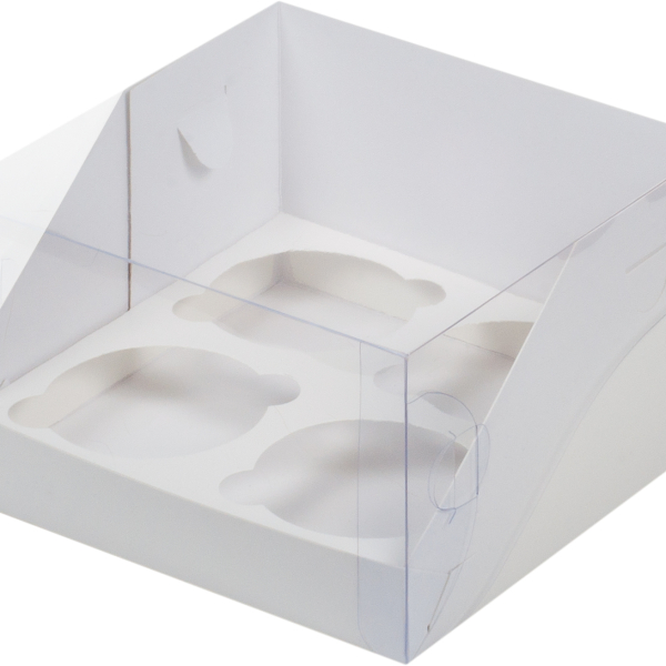 Коробка на 4 капкейка с прозрачной крышкой Белая 16х16х10 см