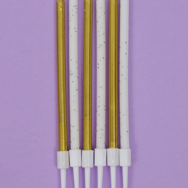 Свечи для торта «Блестящая вечеринка» 6 шт золотой и белый