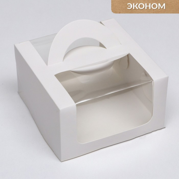 Коробка под бенто-торт Белая с окном и ручкой 14х14х8 см