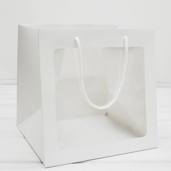 Пакет бумажный белый с окном и ручками 15х15х20 см